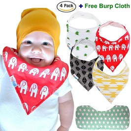 Image: 4-Pack Baby Bandana Drool Bibs (Unisex) and FREE Organic Cotton Burp Cloth | Magical Absorbent Capability | Best Gift For Toddlers