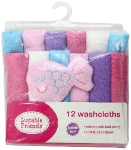 Image: Luvable Friends 12 Washcloths With Bonus Soft Toy - nicely packaged in a reusable bag